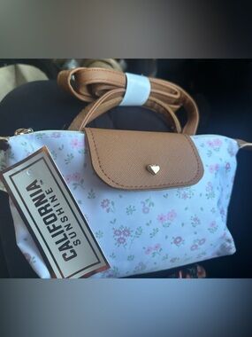California Sunshine Pink Floral Crossbody Bag with Tan Trim